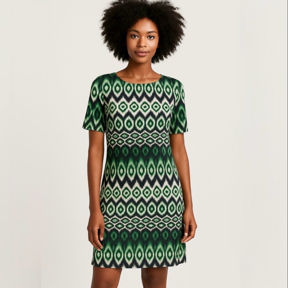 Ovi Ikat Print Shift Dress Green Blue and White Short Sleeve Size Small 💛